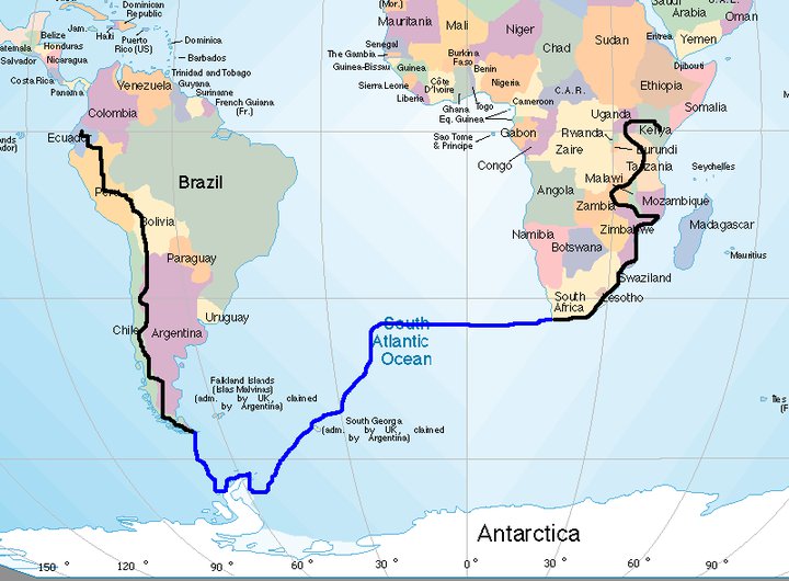 Black line travel by any world map with equator lines. Black line travel by any